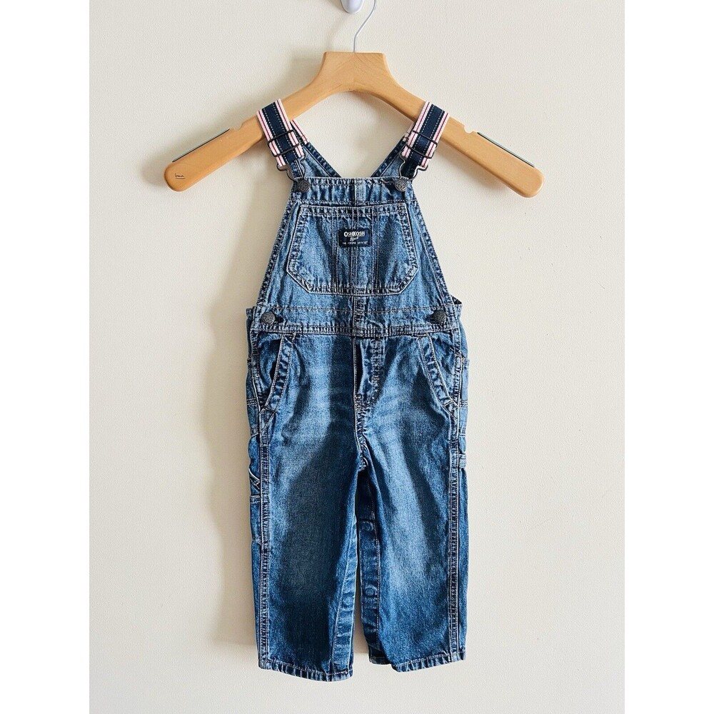 Oshkosh B’Gosh Vestback Bib Overalls Blue Denim Snap Patriotic Sz 18-24 Months